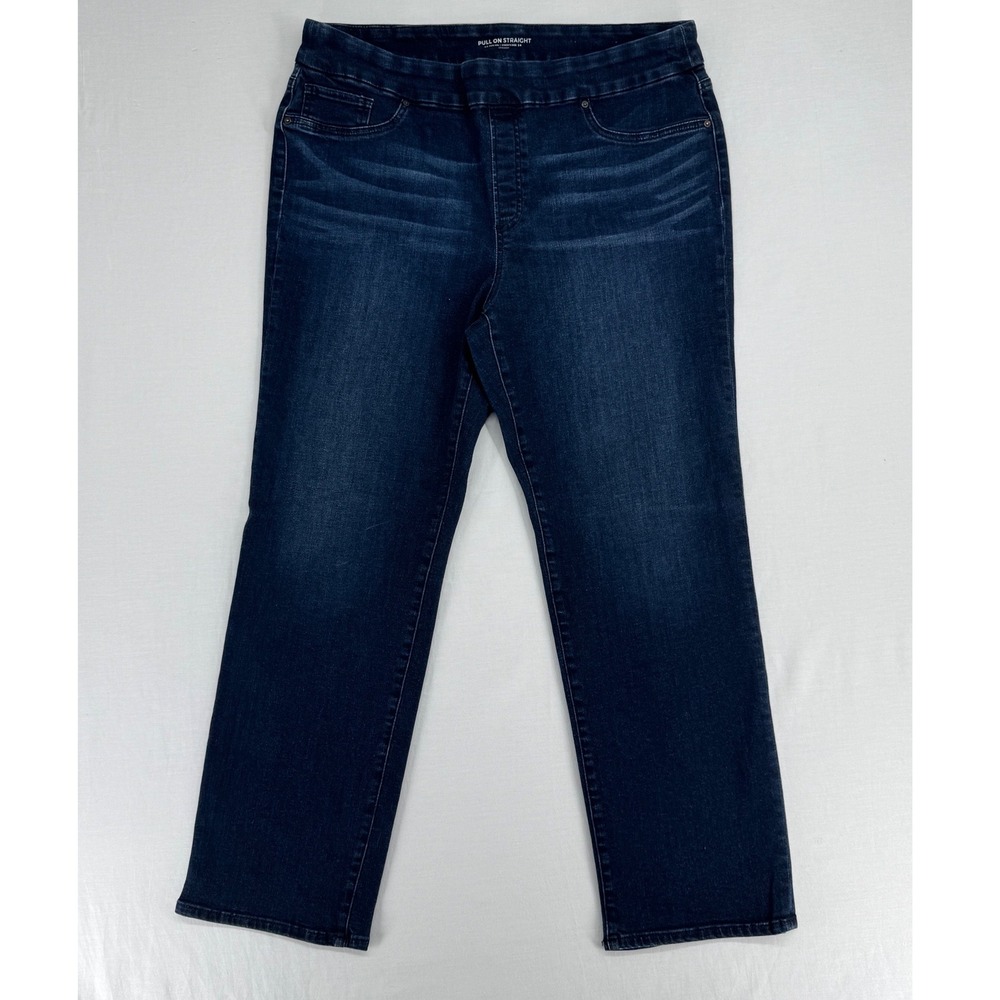 Chicos Pull On Straight Leg Jeans Dark Wash Denim Size 3 Regular US 16R